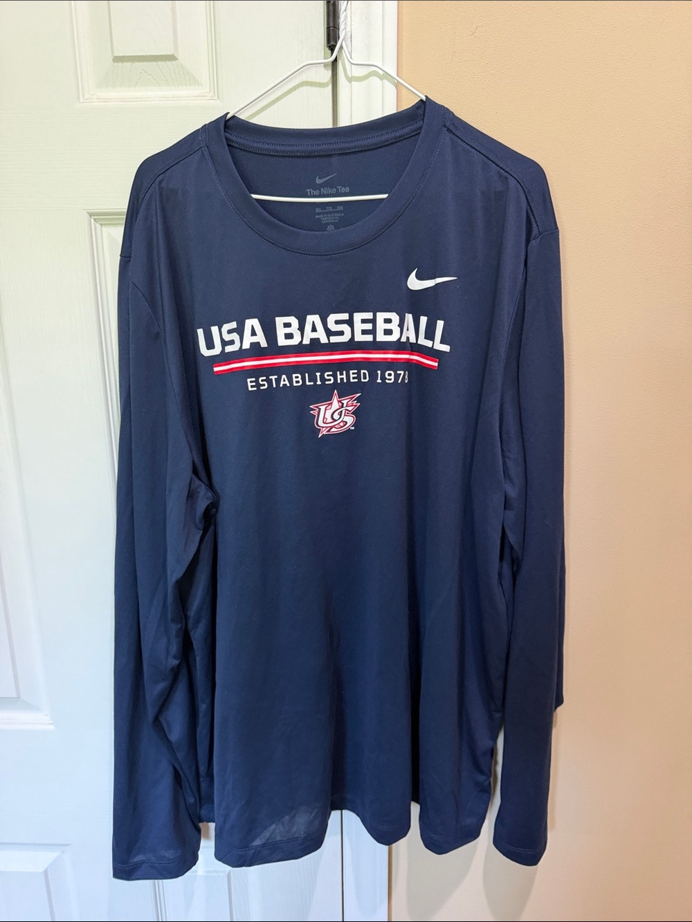 Nike Mens Navy USA Baseball Long-Sleeve Tee with White Swoosh